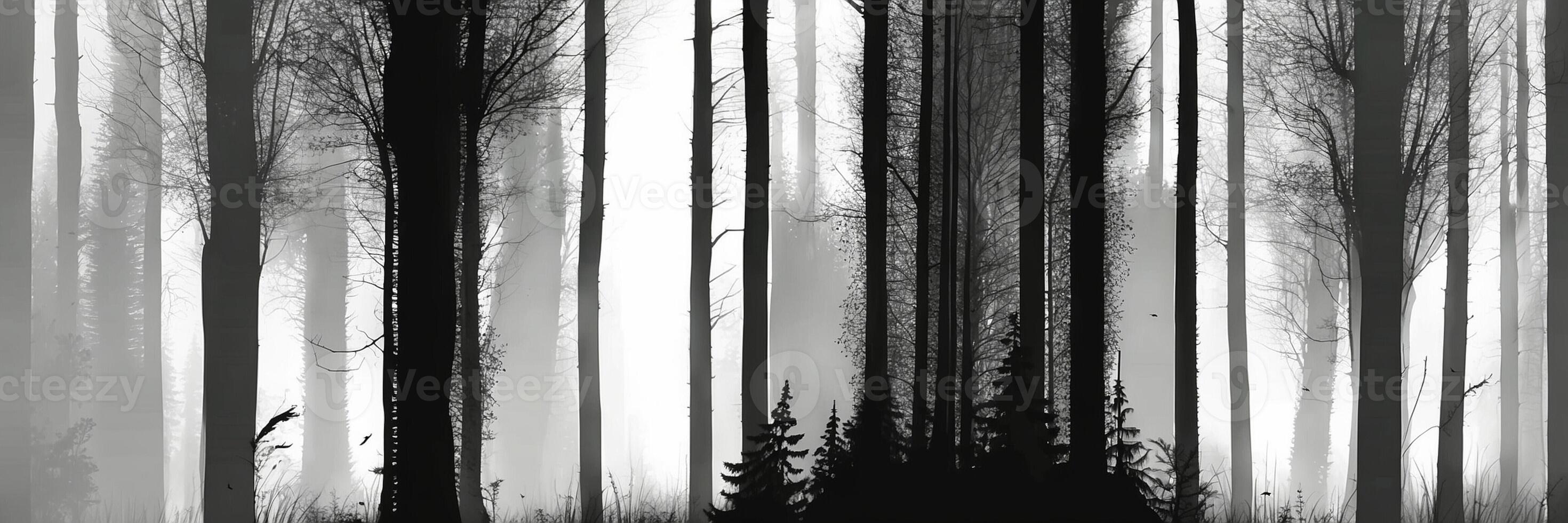 A black and white photo of a forest with trees