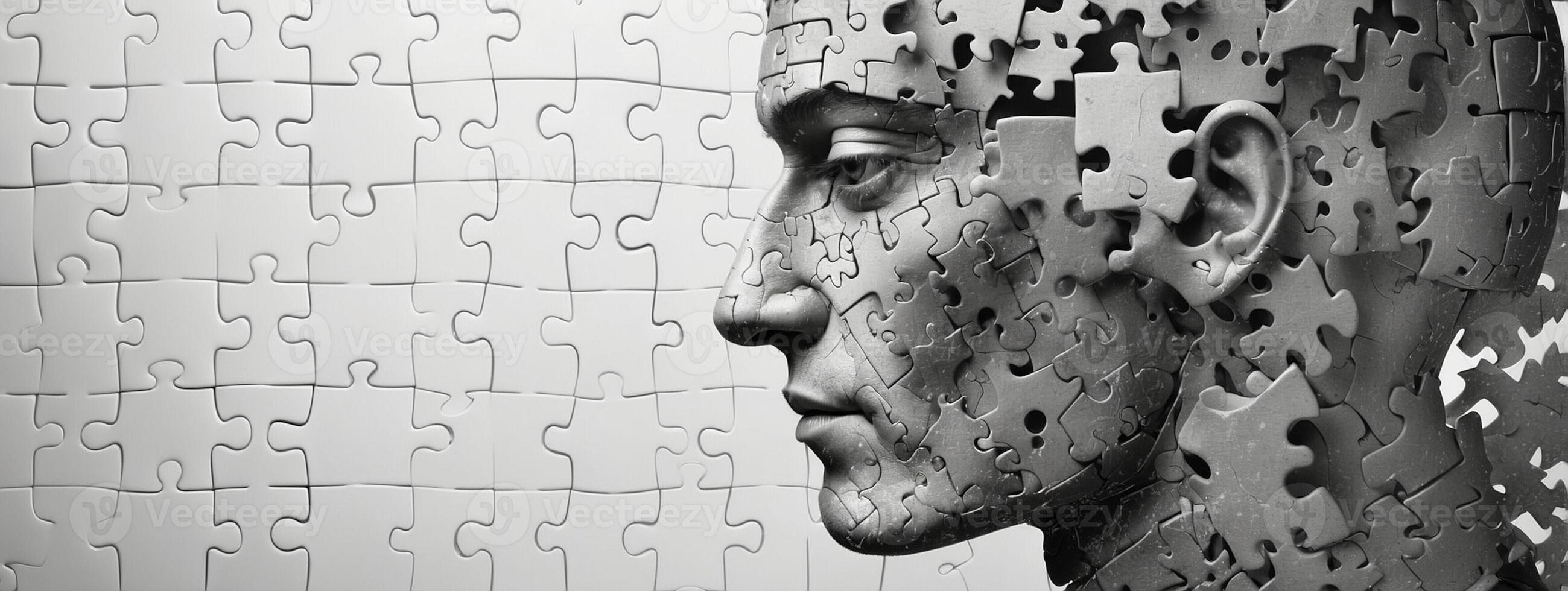 A man's head is made up of pieces of puzzle pieces photo