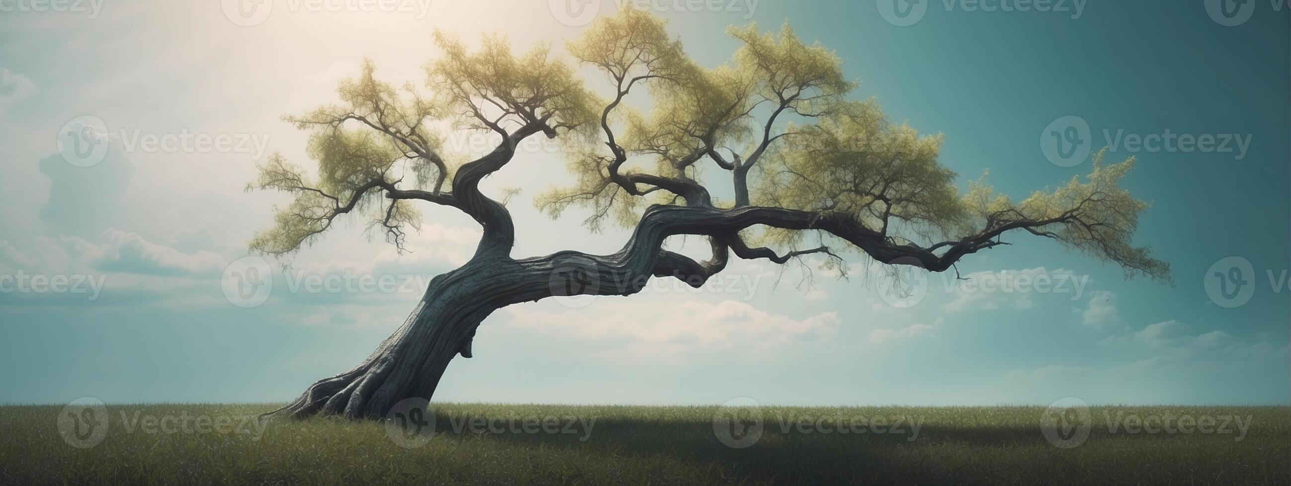 A tree in a field with the sun shining through photo