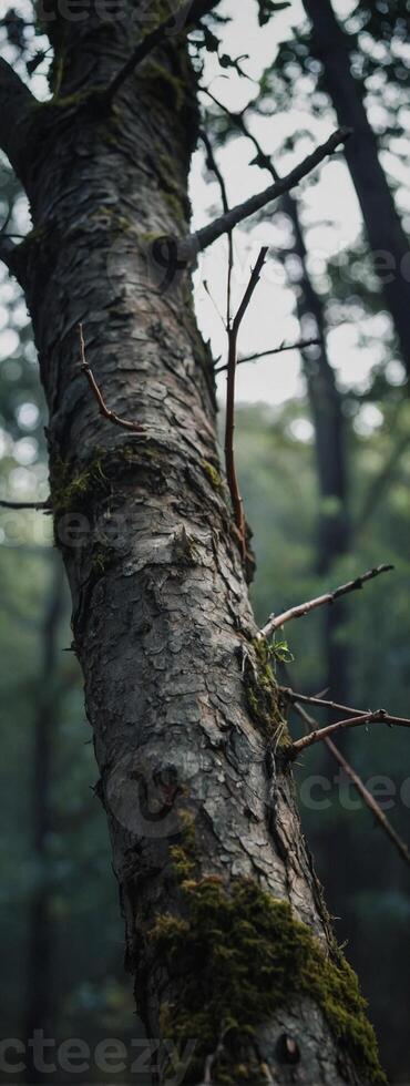A tree with mossy branches in the woods photo