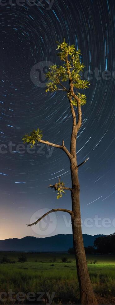 A lone tree stands in the middle of a field at night photo
