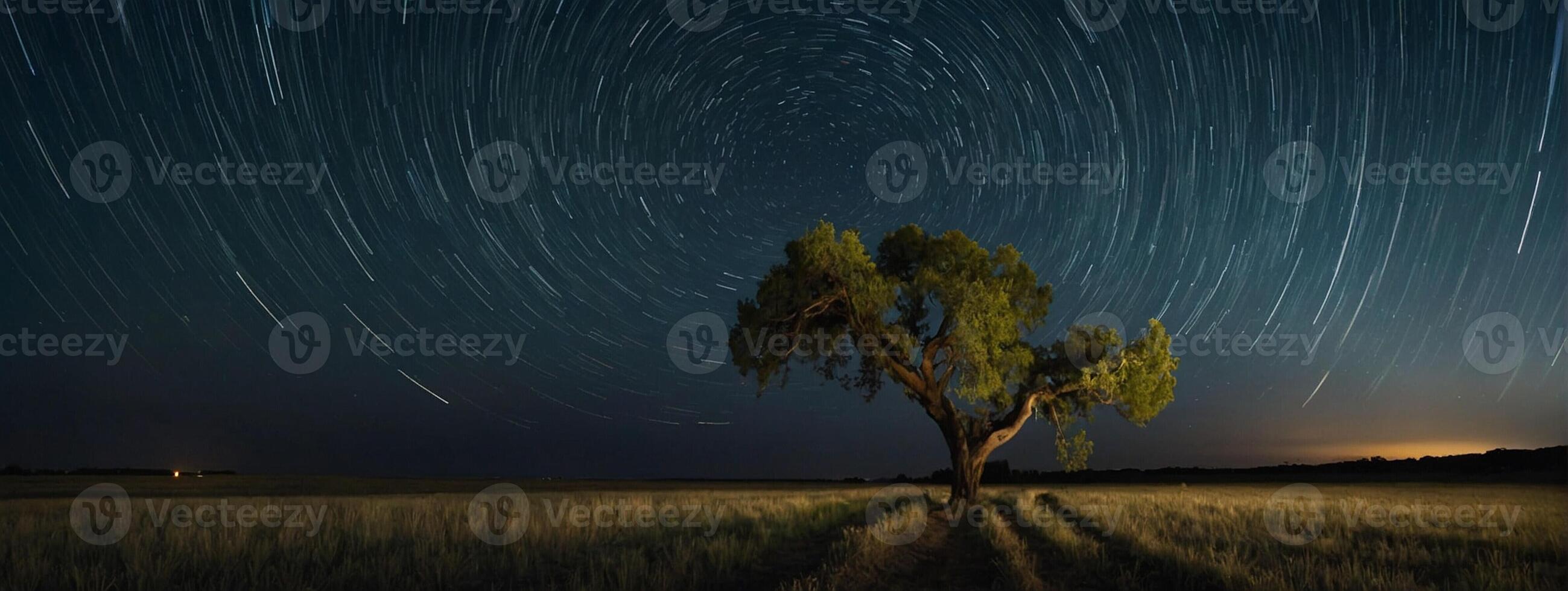 A lone tree in a field under a star trail photo