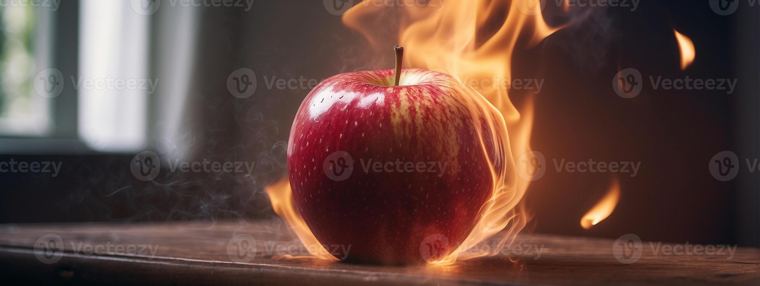 An apple is on fire with flames coming out of it photo