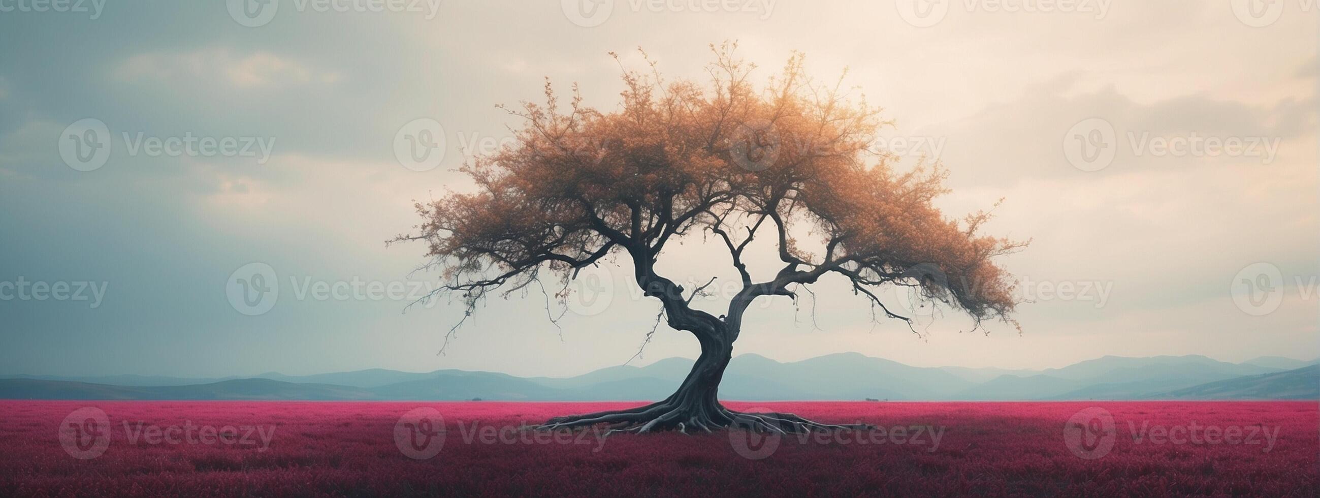A lone tree in a field with pink grass photo