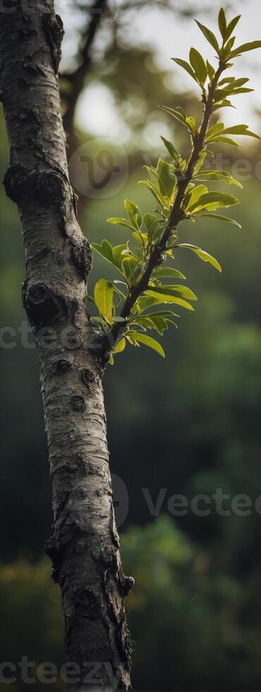 A tree branch with leaves growing on it photo