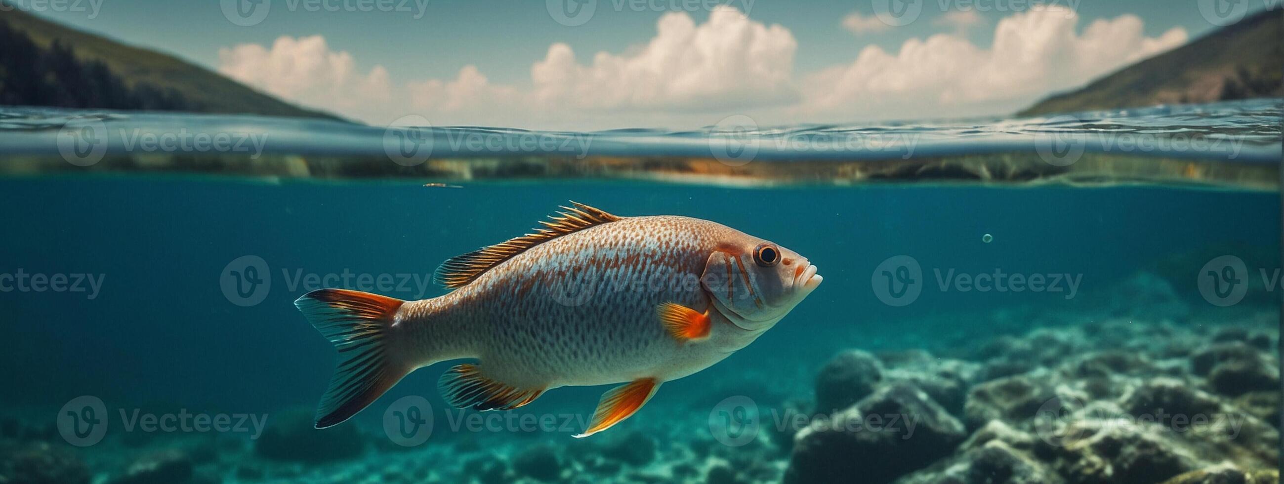 A fish swimming in the ocean with a blue sky photo