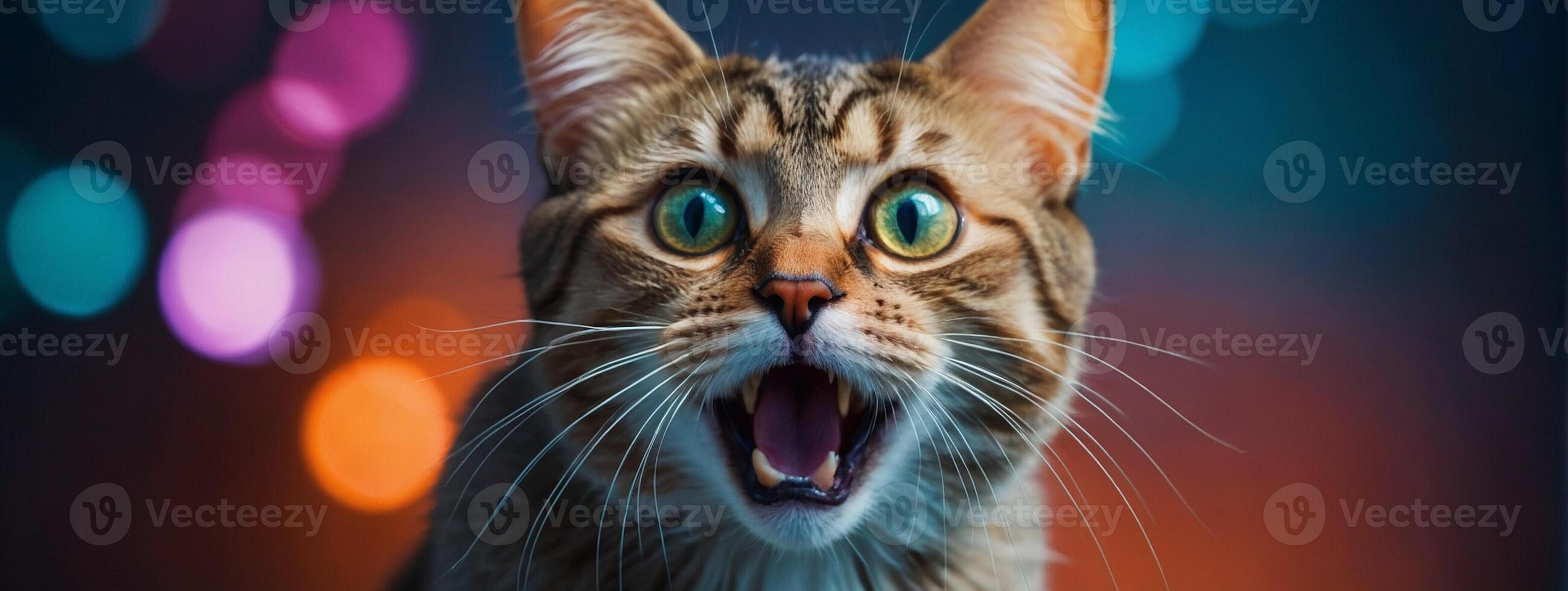 A cat with its mouth open and eyes wide open photo