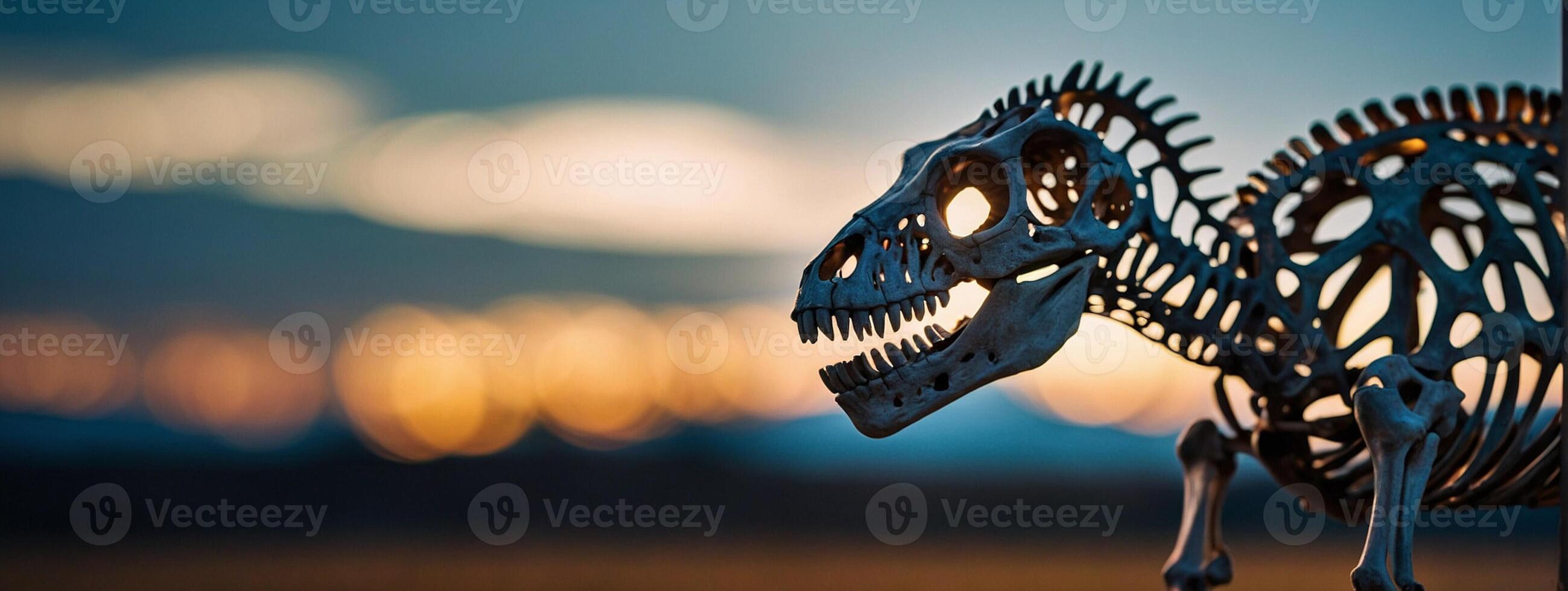 A dinosaur skeleton is standing in front of a sunset photo