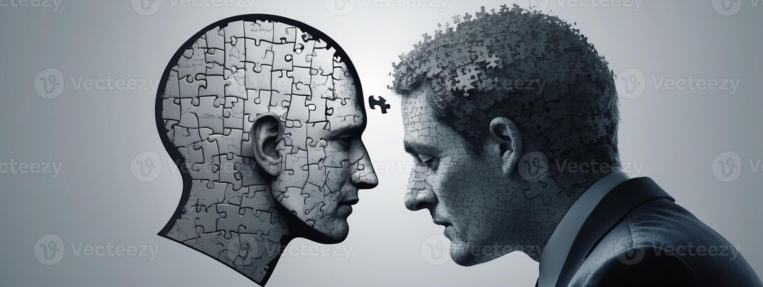 Two people are looking at each other with a puzzle piece in the middle photo