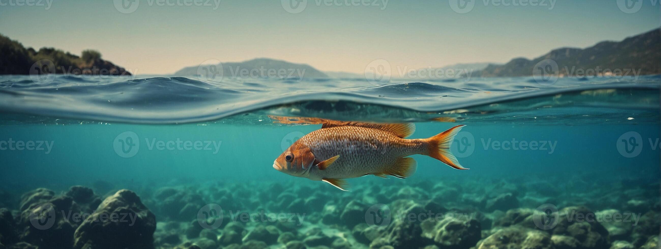 A fish swimming in the ocean with rocks and water photo