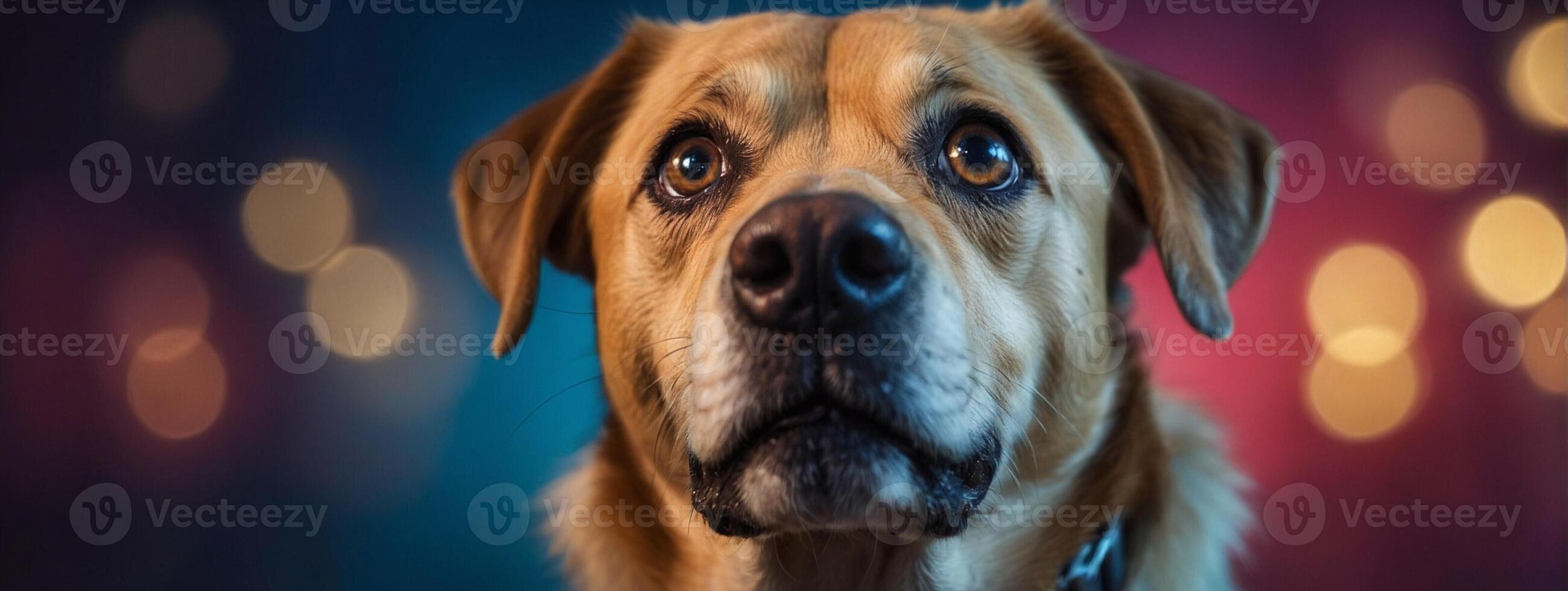 A dog is looking at the camera with a bright background photo