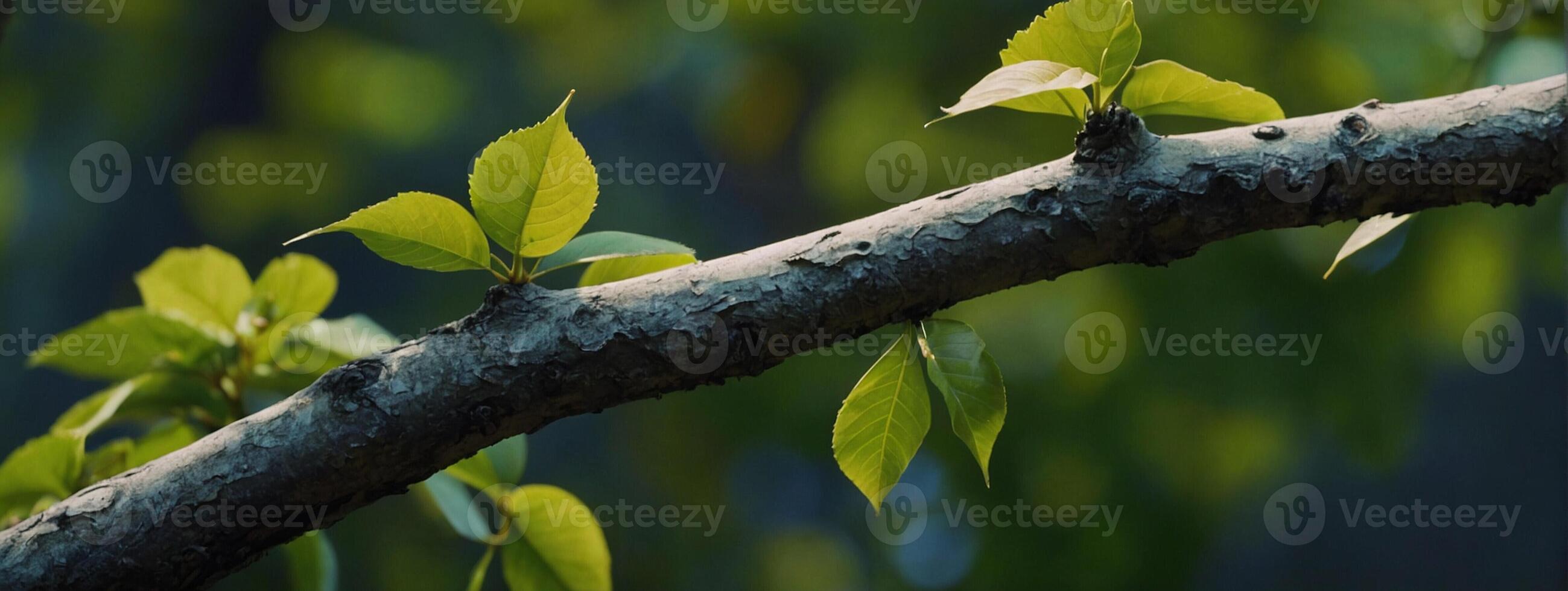 A close up of a tree branch with green leaves photo