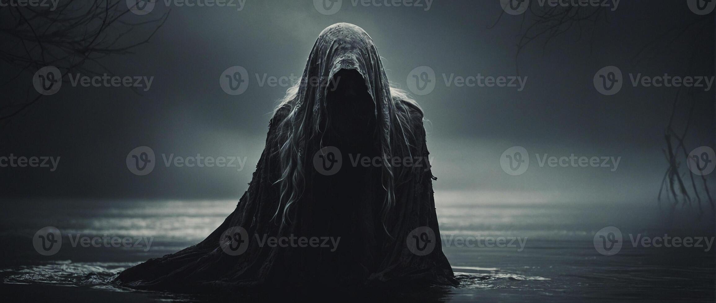 A dark figure in a hood standing in the water photo