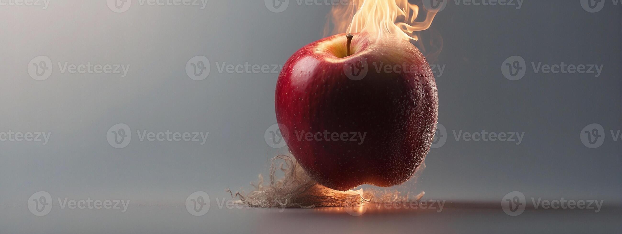 A burning apple on a table with a flame photo