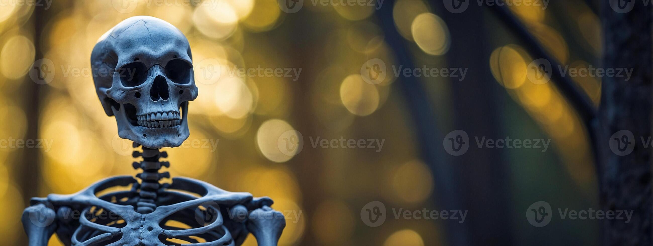 A skeleton is standing in front of a tree photo