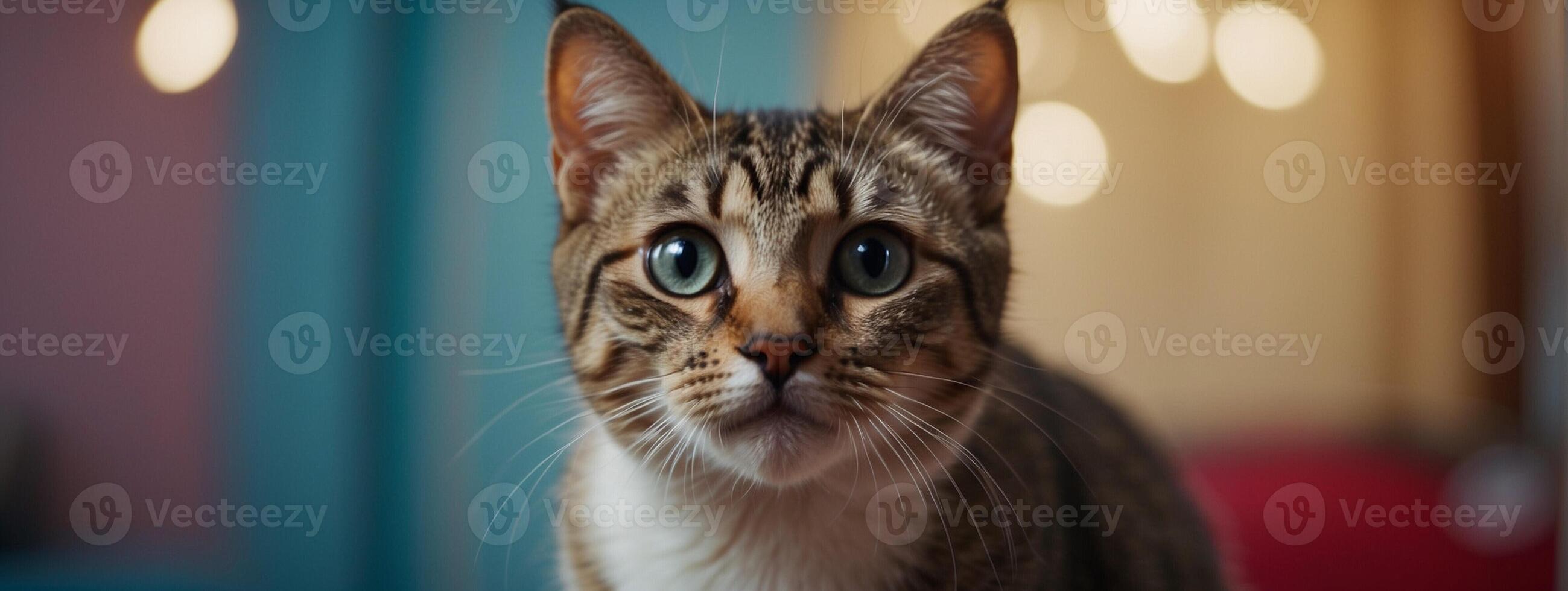 A cat looking at the camera with a blurry background photo
