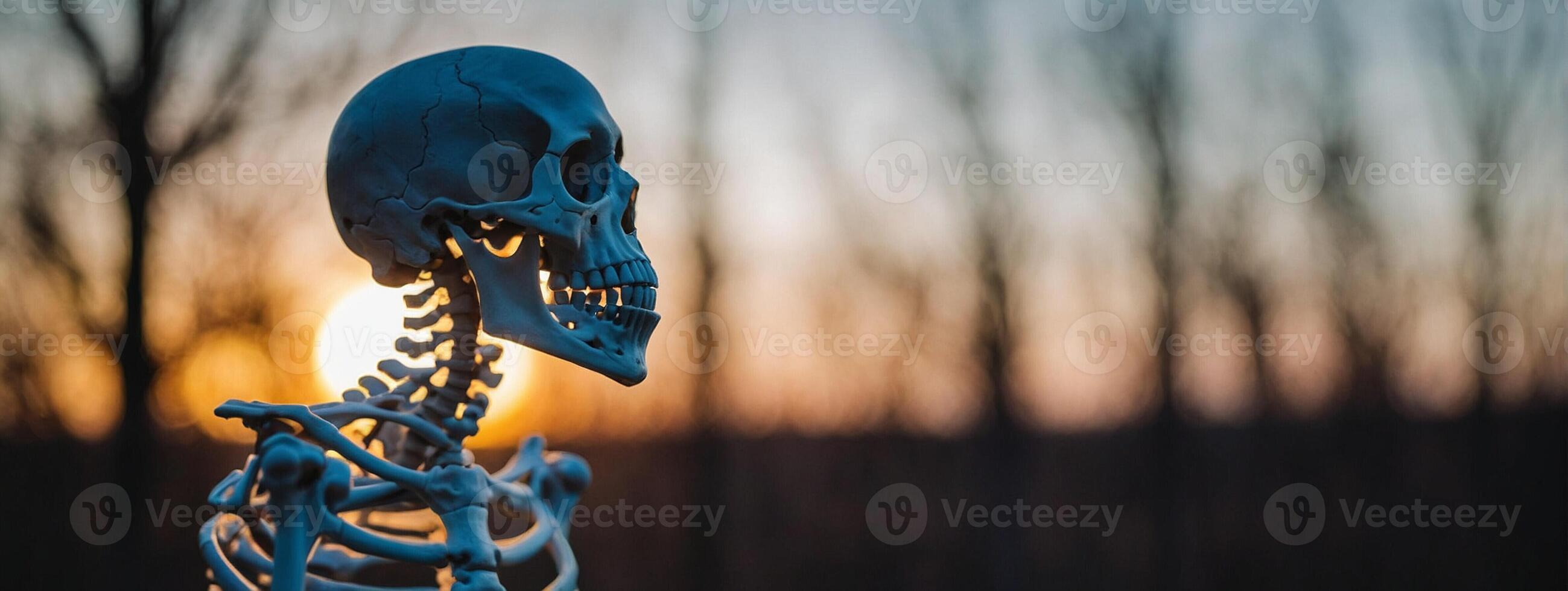 A skeleton is standing in front of a sunset photo