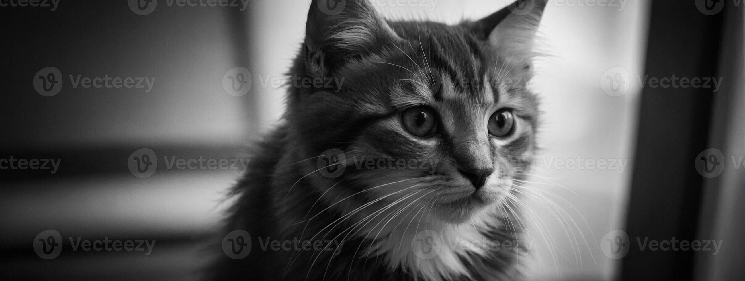 A black and white photo of a cat looking out the window