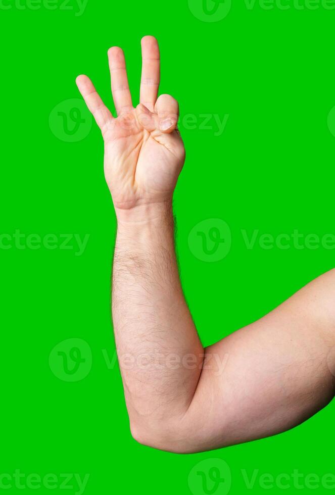 A close-up of a hand displaying a three-finger gesture against a bright green background photo