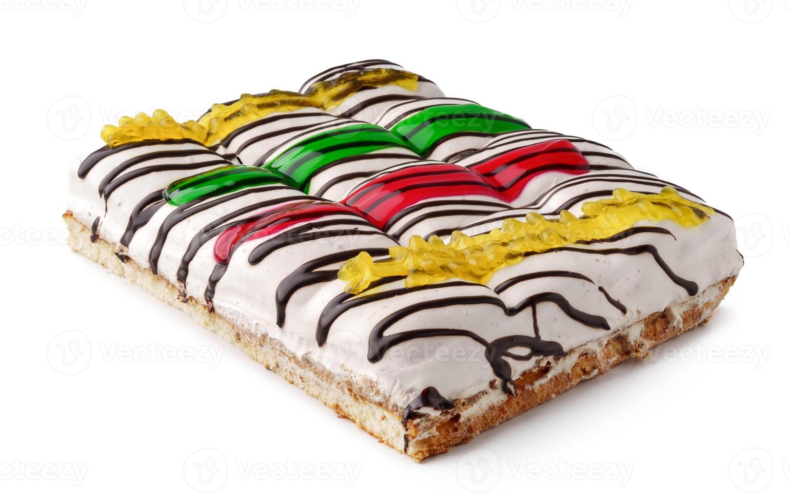 Colorful dessert featuring layers of cream, cake, and jelly in a vibrant presentation photo