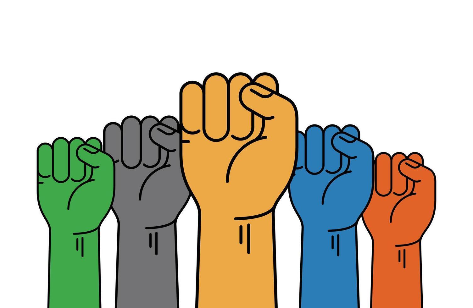 Five fists raise up, the power of unity vector