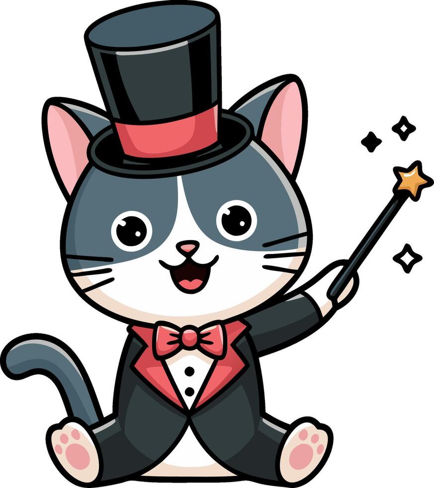 Adorable Cartoon Cat Magician in Top Hat with Magic Wand Illustration vector