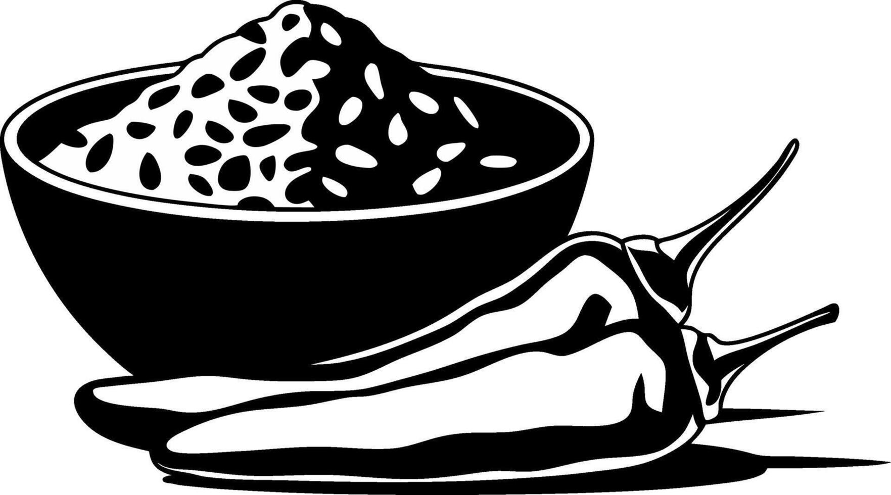 Black and White Illustration of Bowl with Sesame Seeds and Chili Peppers for Culinary Art vector