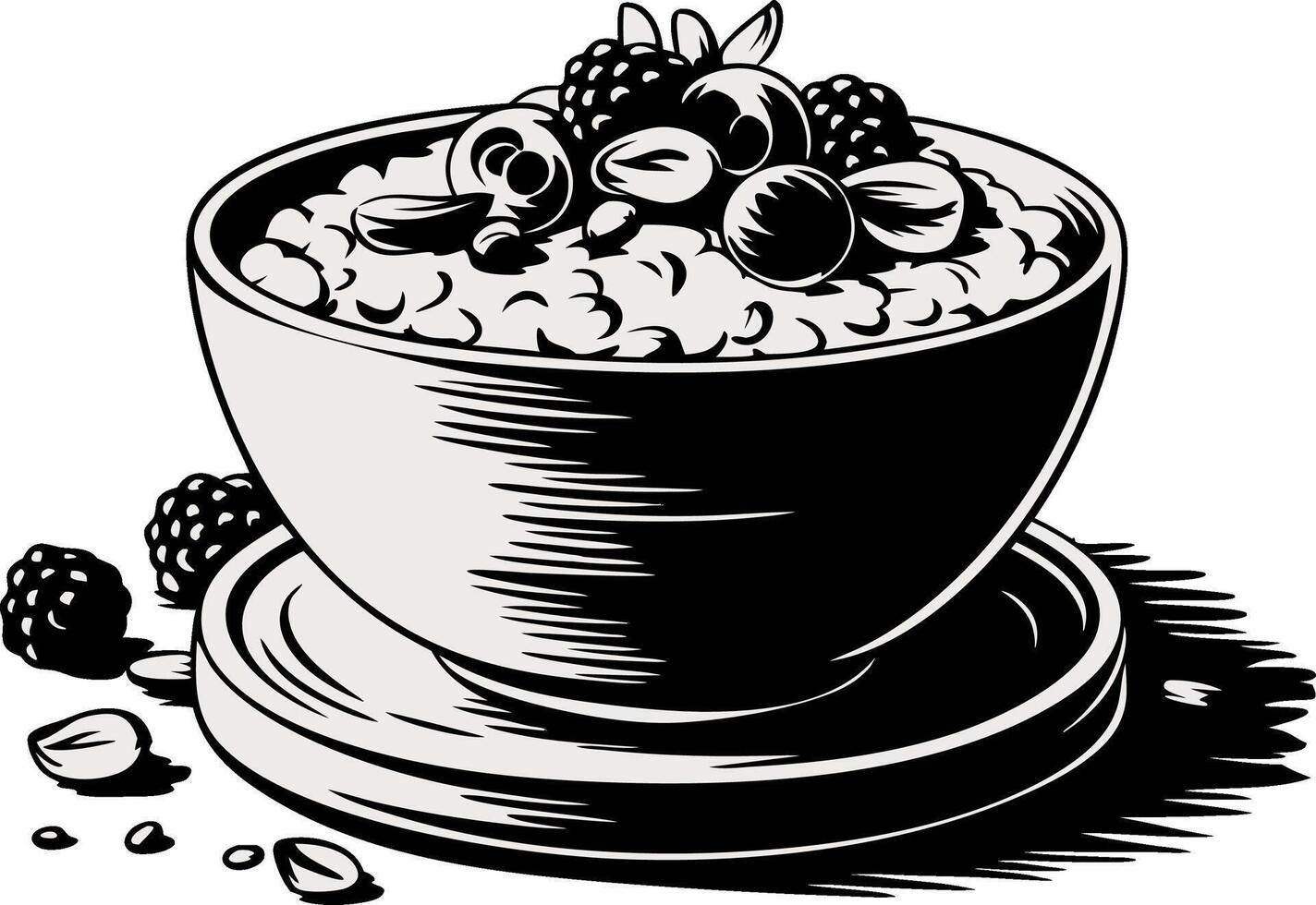 Black and White Illustration of Breakfast Bowl with Fruits and Nuts vector