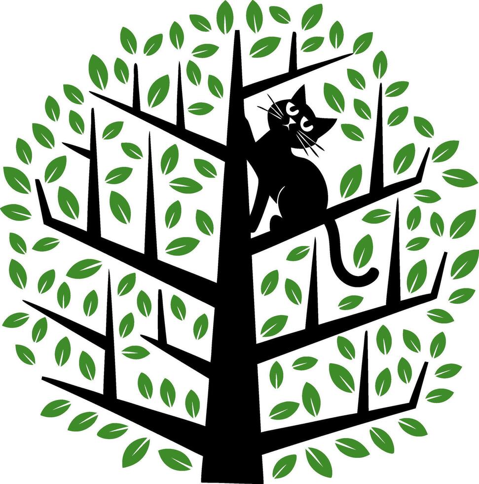 Black Cat Silhouette in Tree Branches with Green Leaves Illustration vector