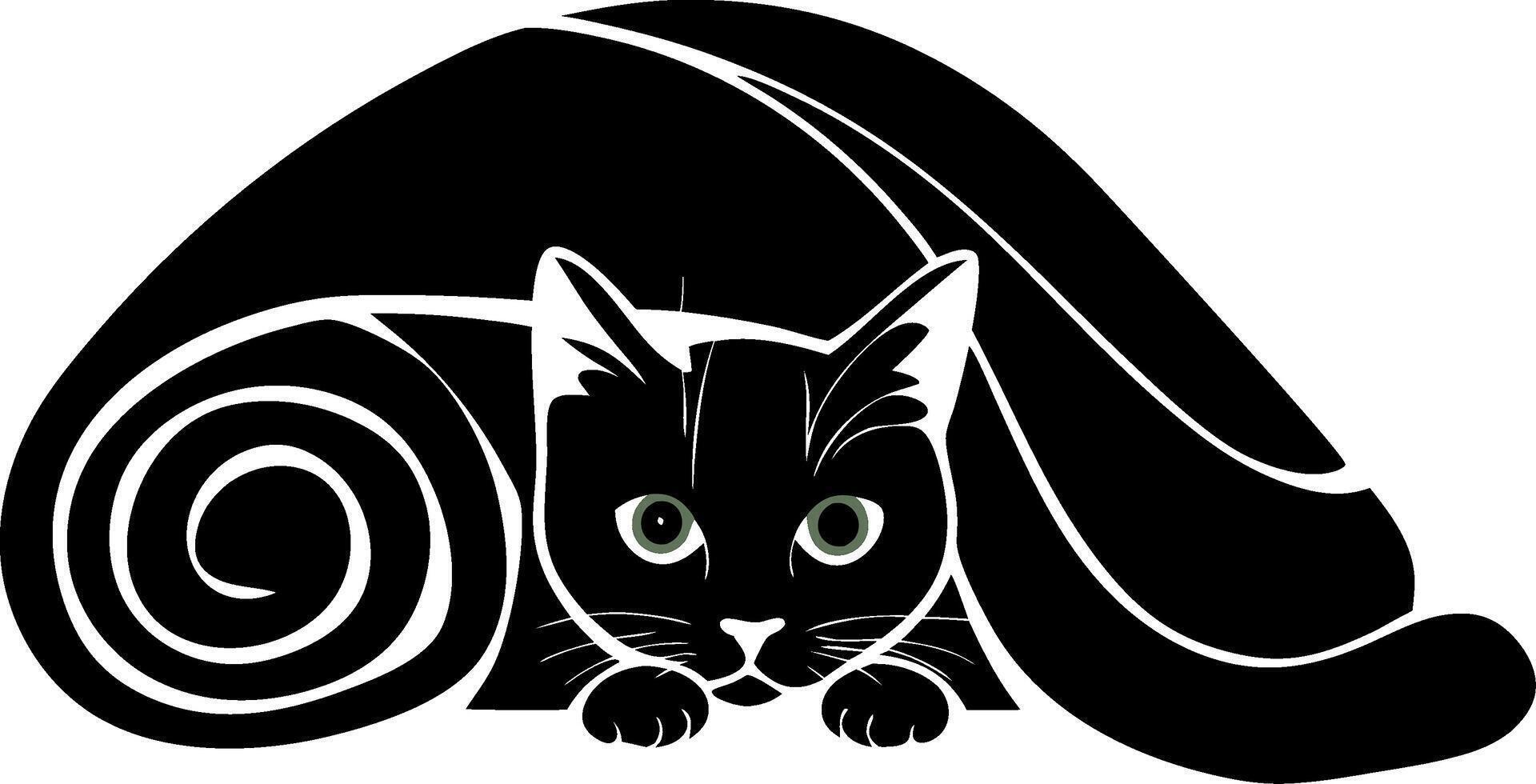 Black Cat Silhouette with Green Eyes in Curling Pose Art vector