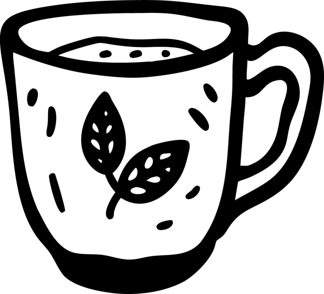 Black Outline Tea Mug with Leaves Design for Eco-Friendly Crafts and Decor vector