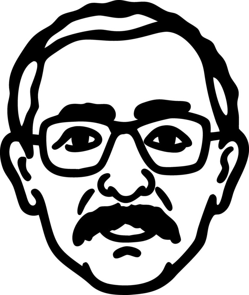 Bold Black Line Drawing of Elderly Man with Glasses and Moustache for Posters and Tattoos vector