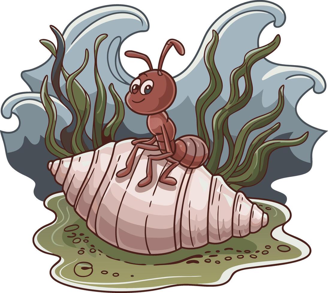 Cartoon Ant Relaxing on Seashell with Ocean Waves and Seaweed Art vector