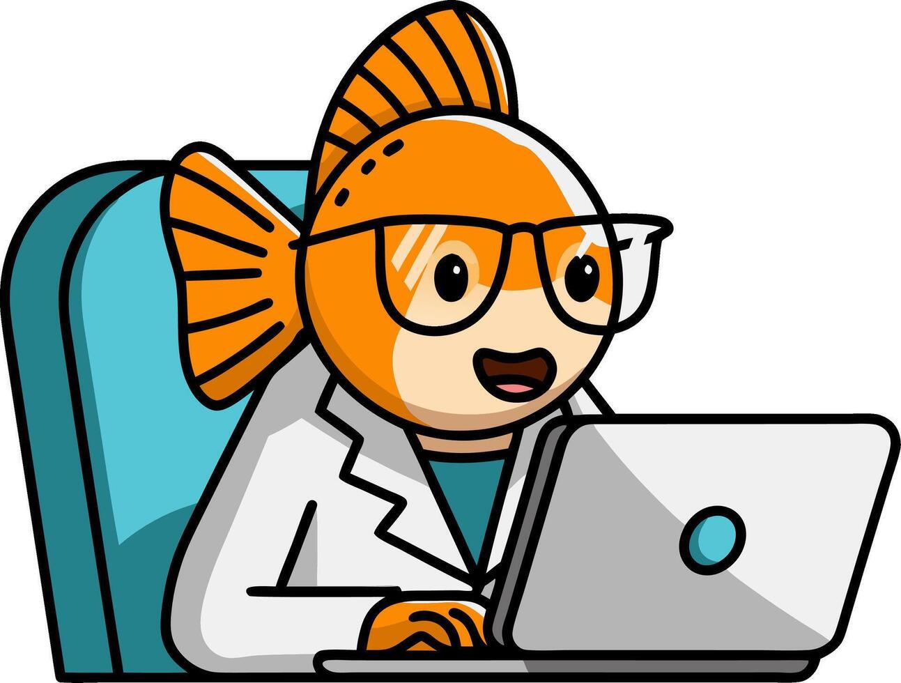 Cartoon Fish Scientist Wearing Glasses Working on Laptop Illustration vector