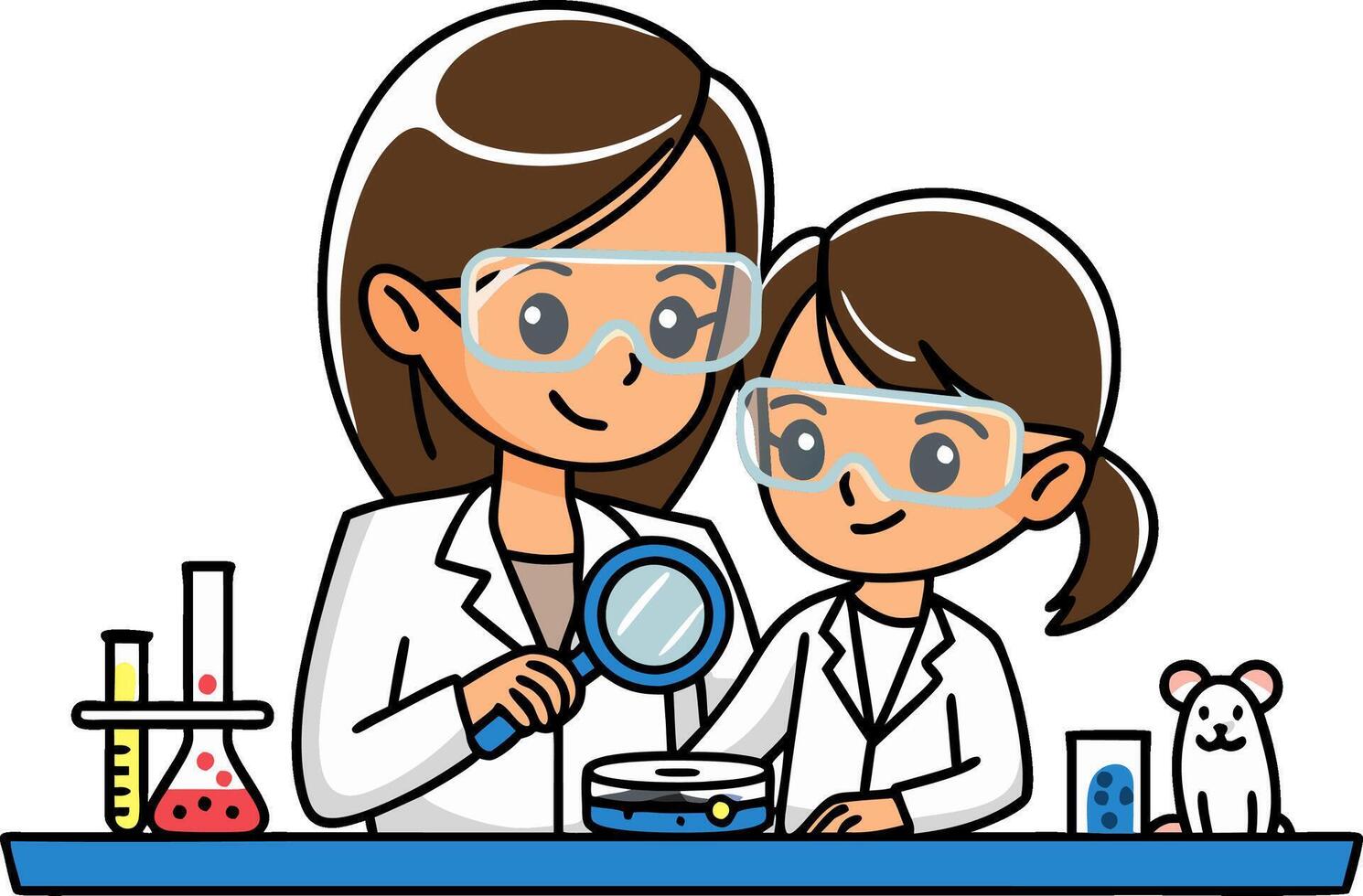Cartoon Scientists Mother Daughter Lab Experiment Illustration vector