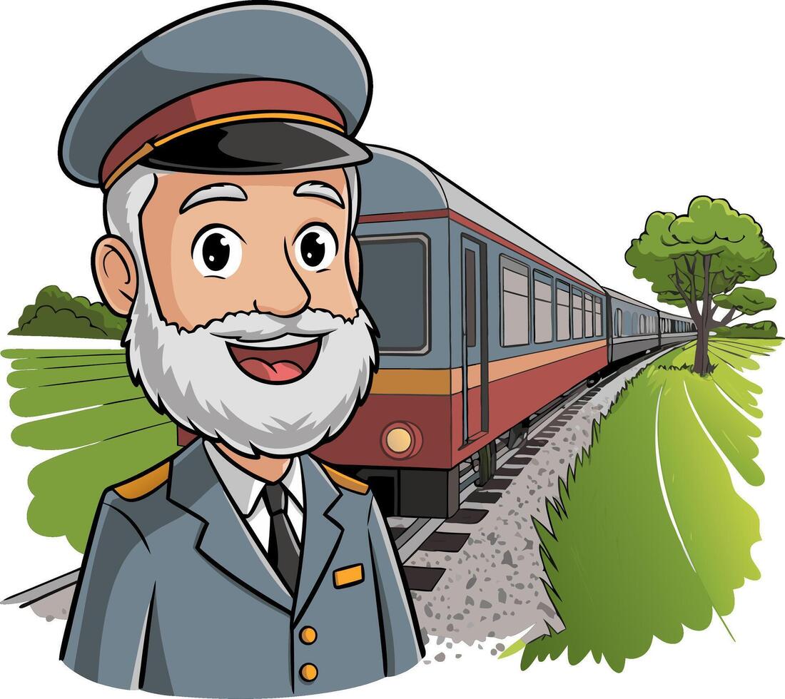 Cartoon Train Conductor Smiling Beside Train on Railway Track Illustration vector