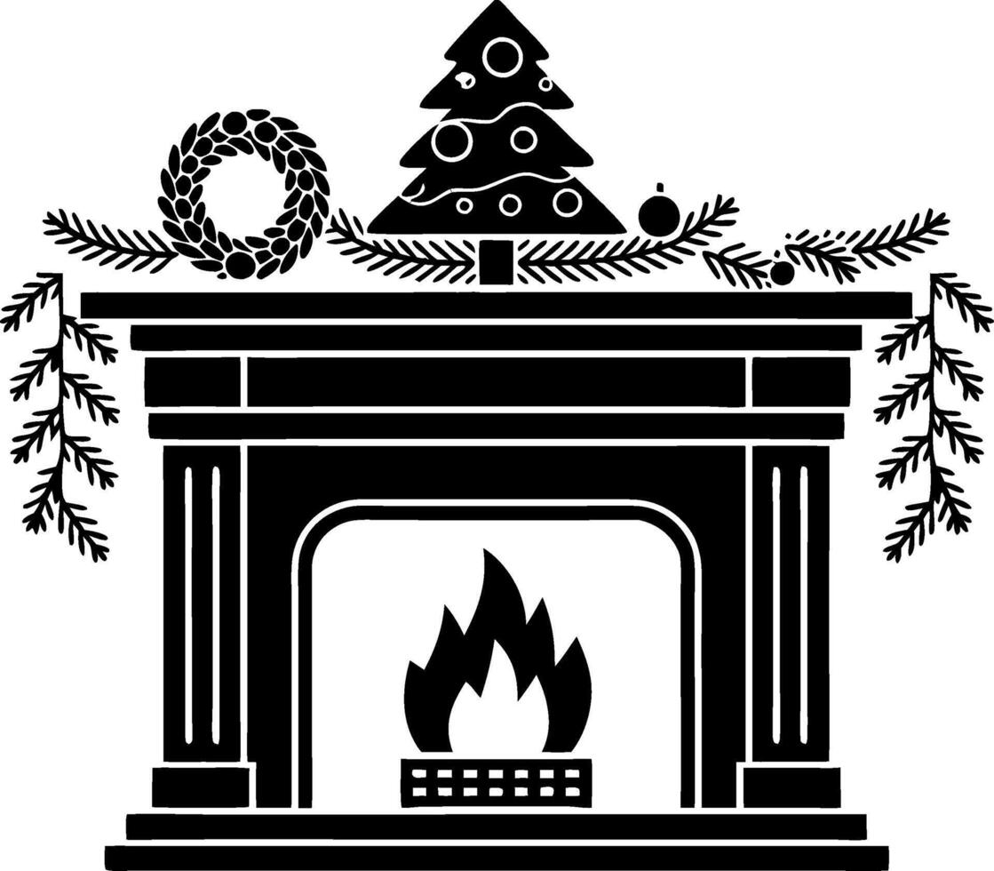 Christmas Fireplace Art with Festive Decorations and Garland vector