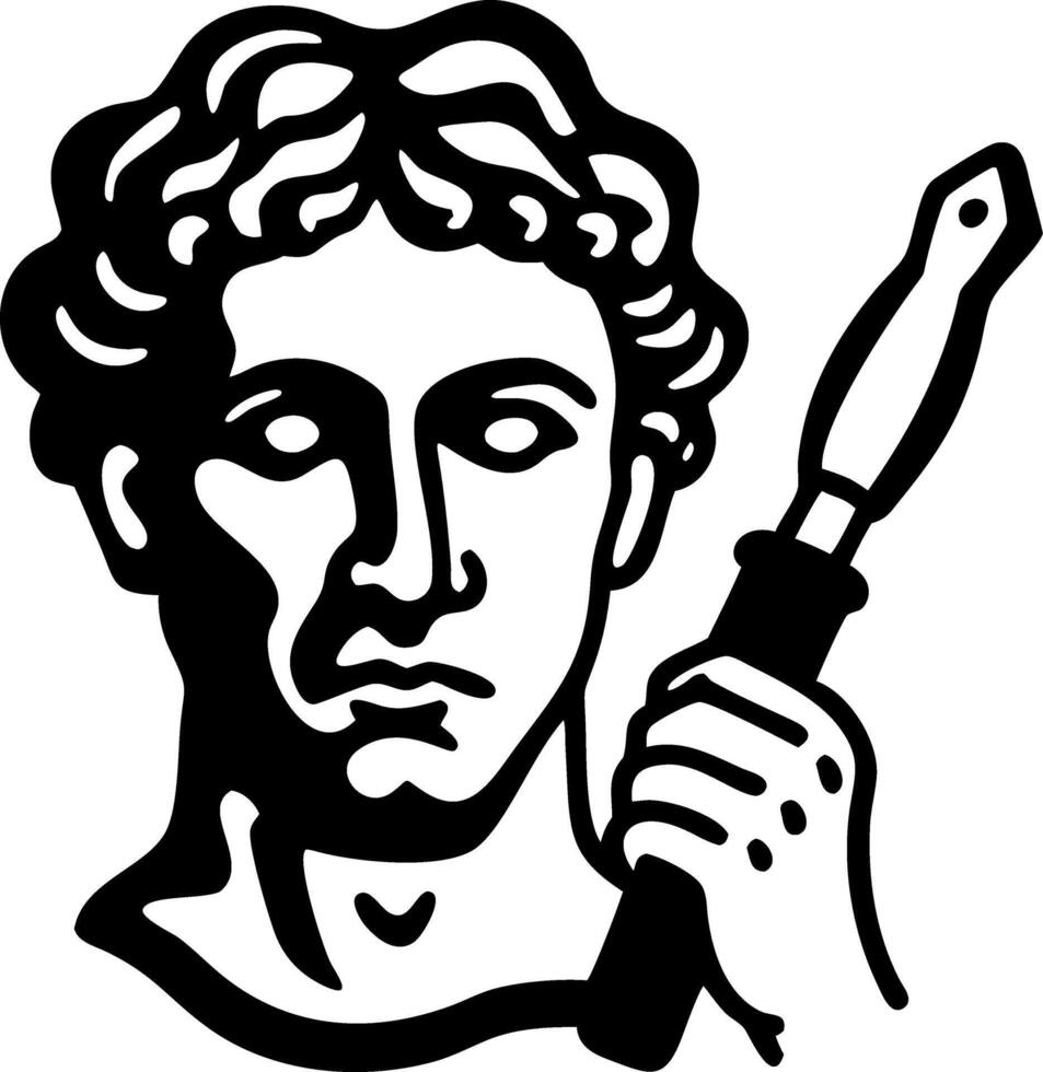 Classical Greek Statue Face Holding Tool Illustration for Art Design Tattoo or Logo vector