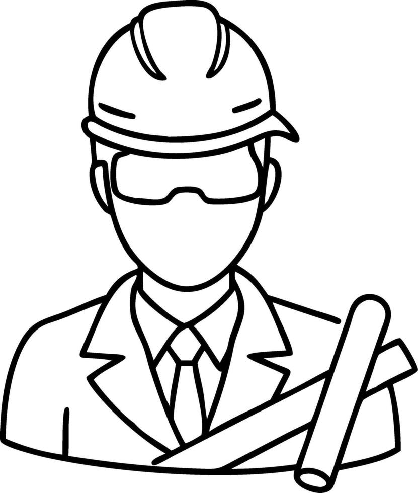 Construction Engineer Outline with Hard Hat and Blueprint Art vector