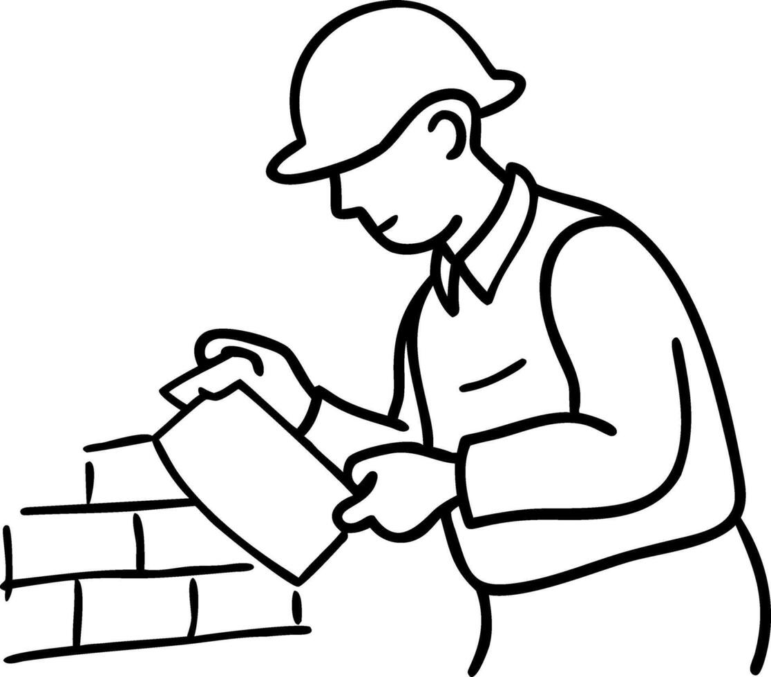 Construction Worker Building Brick Wall Line Art Illustration for Design Projects vector