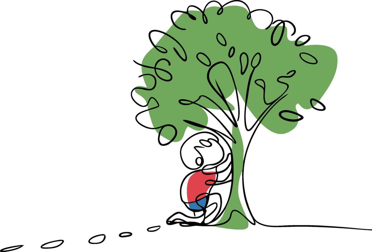 Continuous Line Art Person Sitting Under Tree with Path Solitude and Reflection vector