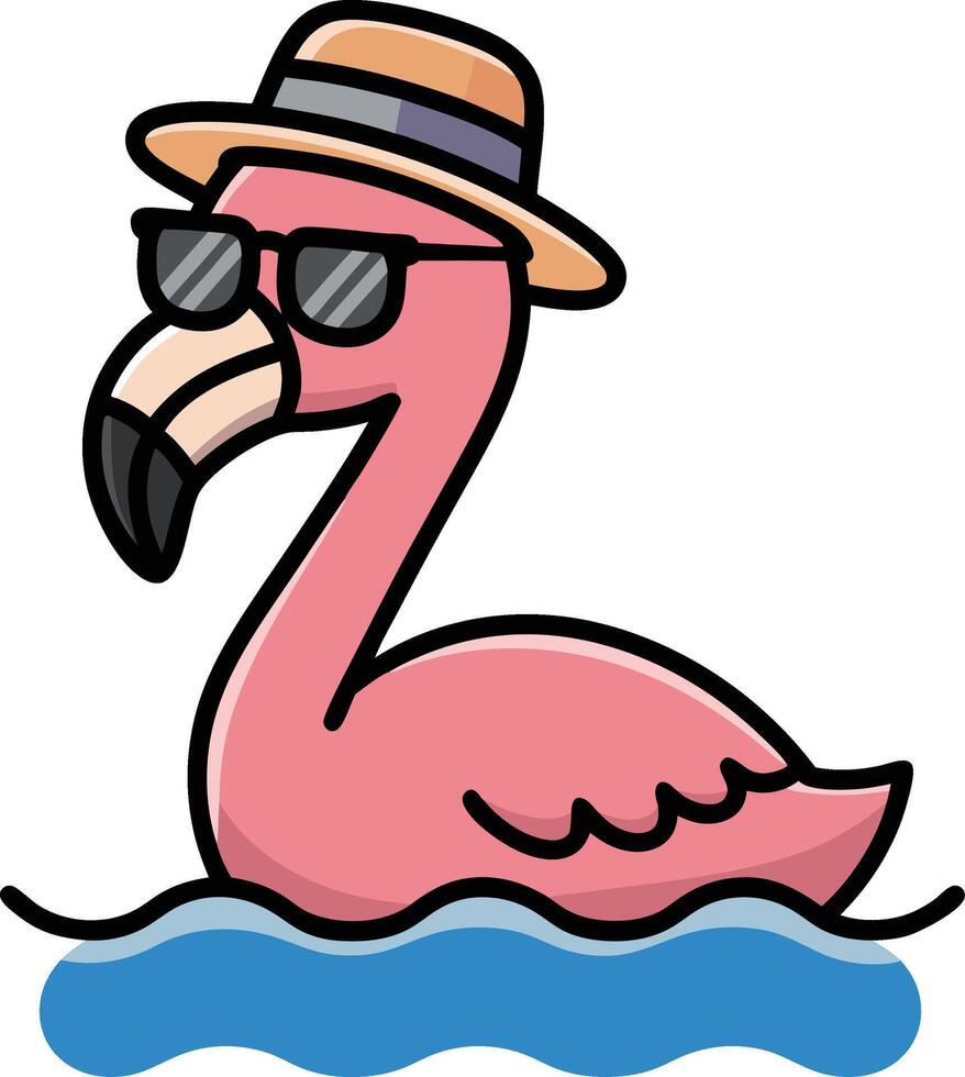 Cool Flamingo Wearing Hat and Sunglasses in Water Summer Fun Art vector