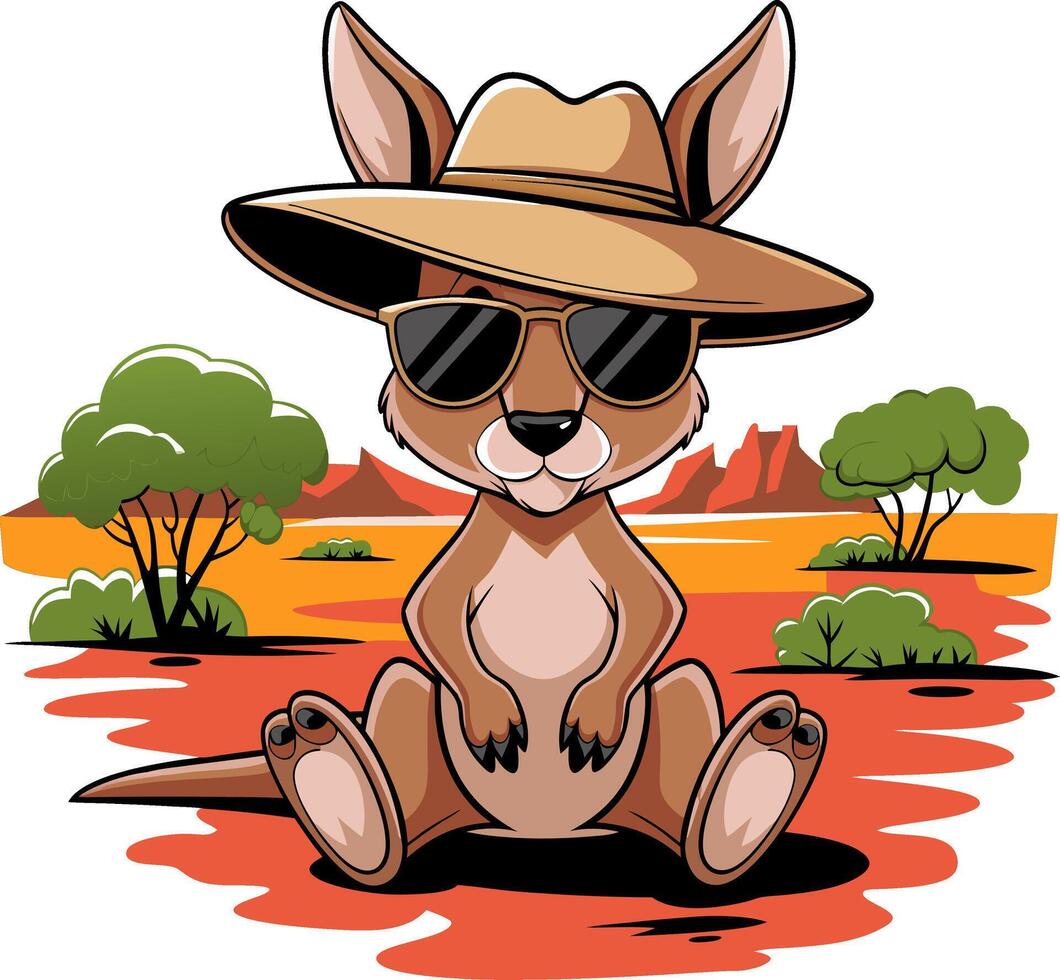 Cool Kangaroo in Sunglasses and Hat in Australian Outback Cartoon vector