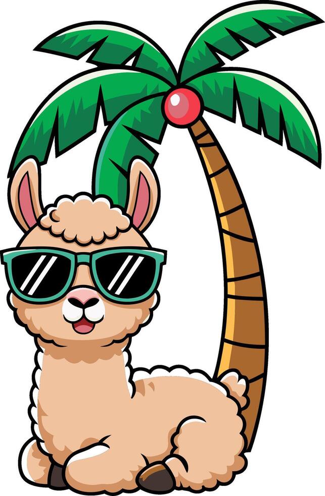 Cool Llama with Sunglasses Under Palm Tree Fun Art Illustration vector