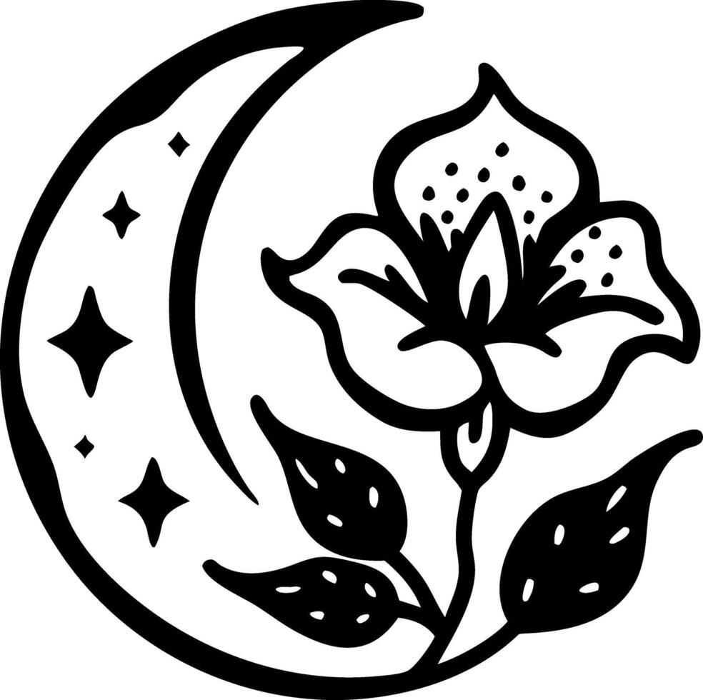 Crescent Moon with Flower and Stars Art for Tattoos and Wall Decor vector