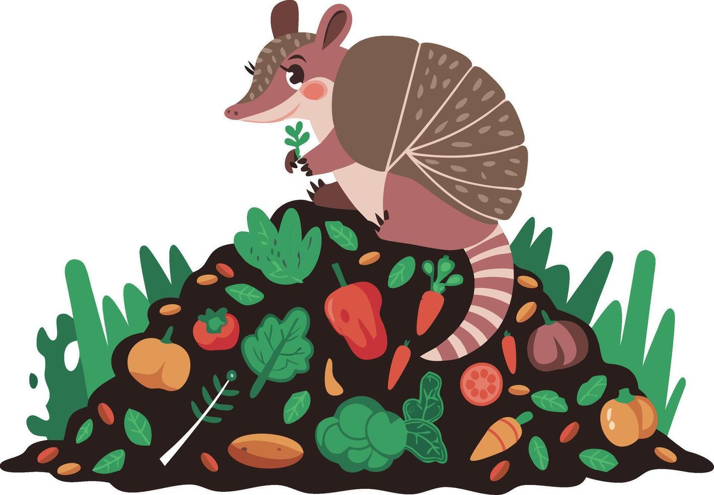 Cute Armadillo on Vegetable Compost Pile Illustration for Eco-Friendly Designs vector