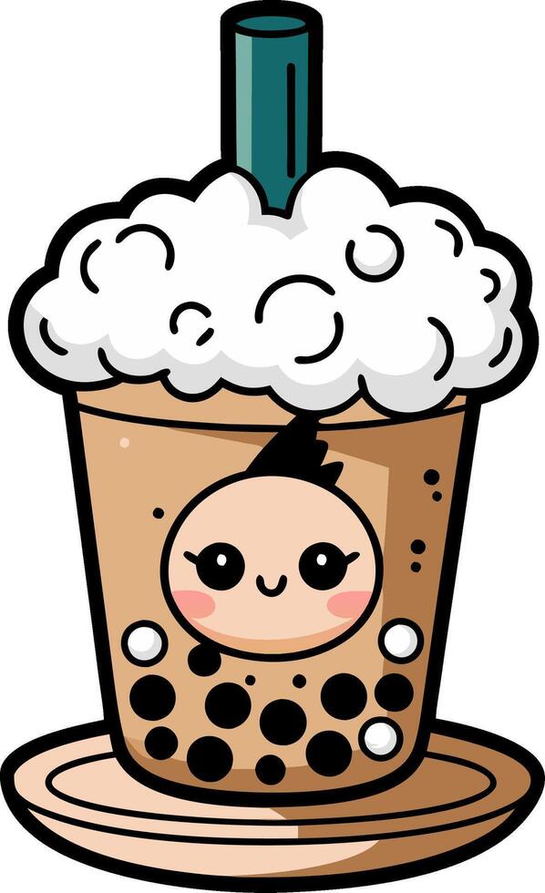 Cute Cartoon Bubble Tea with Smiling Face and Whipped Cream Topping vector