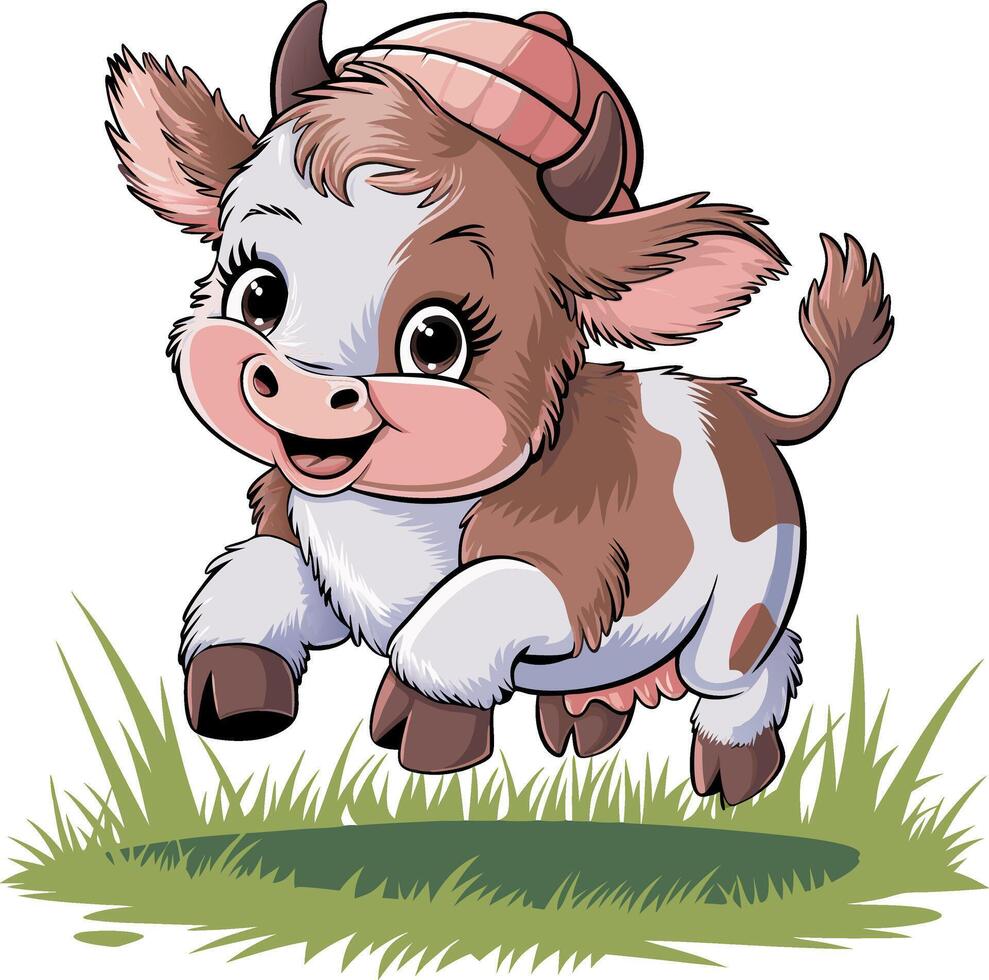 Cute Cartoon Calf Jumping in Grass Fun Animal Illustration for Kids vector