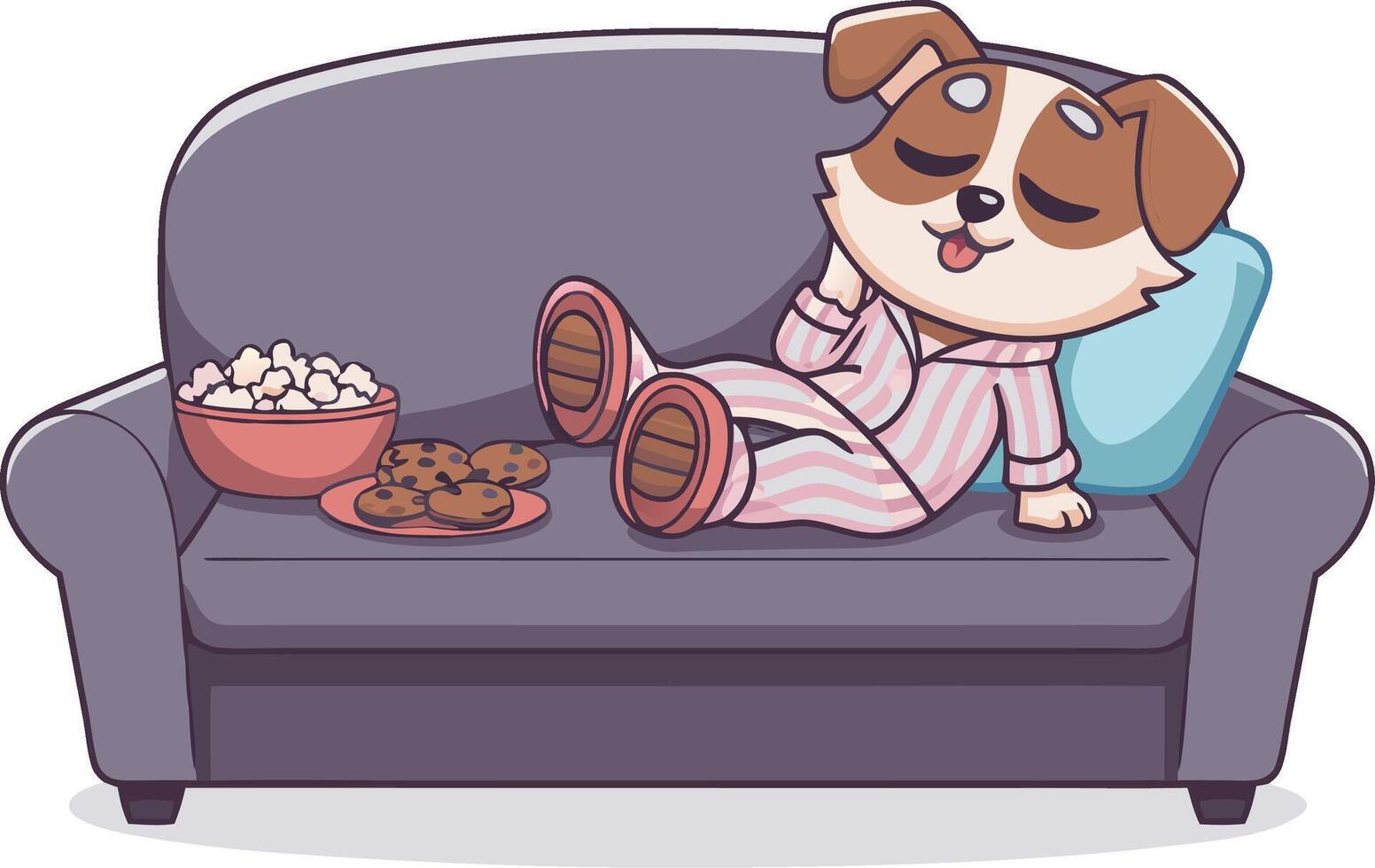 Cute Cartoon Dog Relaxing in Pajamas on Couch with Snacks Illustration vector