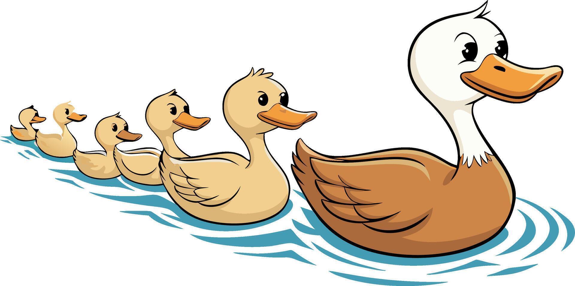 Cute Cartoon Duck Family Swimming in a Row on Blue Water Illustration vector